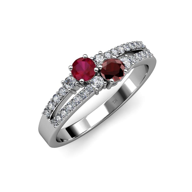 Zaira Ruby and Red Garnet with Side Diamonds Split Shank Ring 