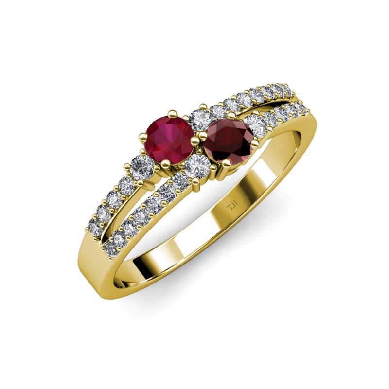 Zaira Ruby and Red Garnet with Side Diamonds Split Shank Ring 
