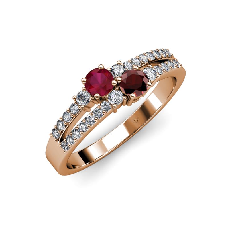 Zaira Ruby and Red Garnet with Side Diamonds Split Shank Ring 