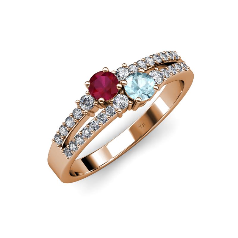 Zaira Ruby and Aquamarine with Side Diamonds Split Shank Ring 