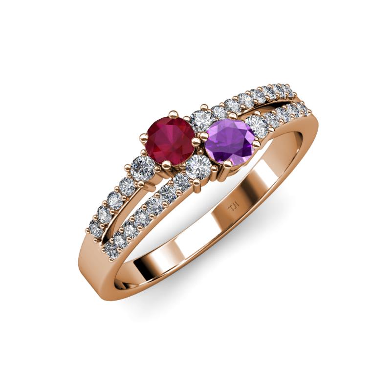 Zaira Ruby and Amethyst with Side Diamonds Split Shank Ring 