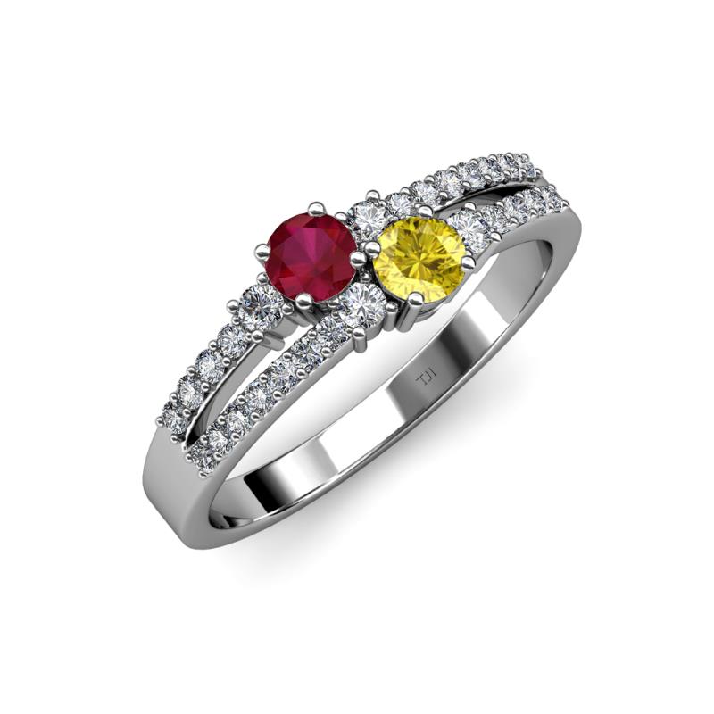 Zaira Ruby and Yellow Sapphire with Side Diamonds Split Shank Ring 