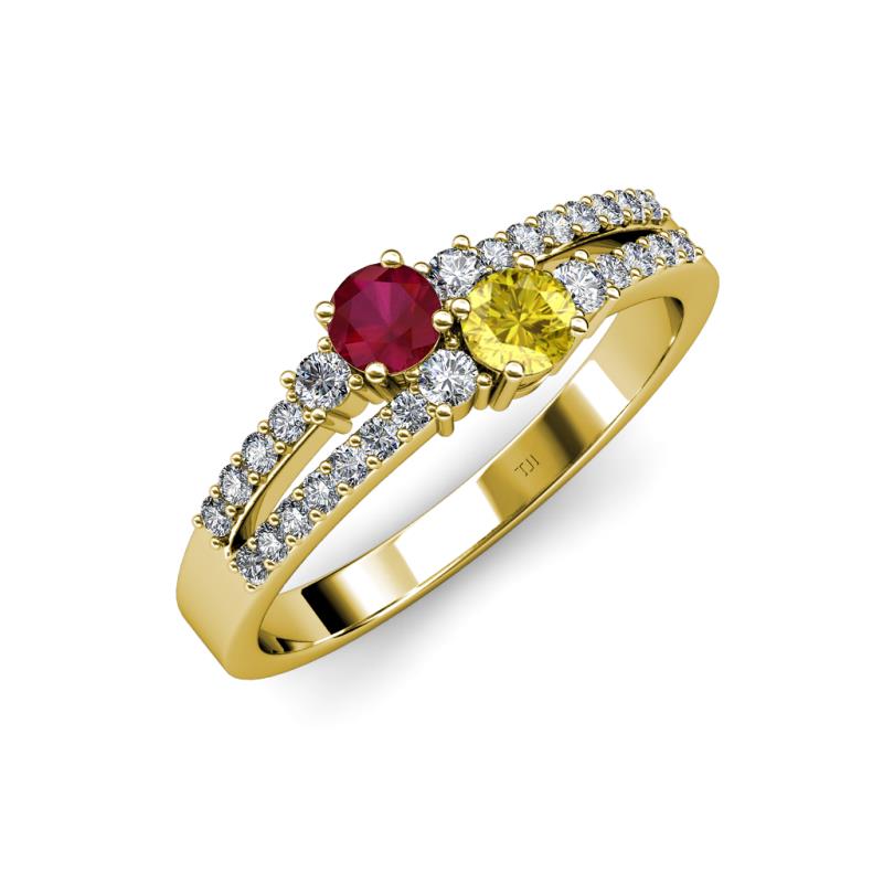 Zaira Ruby and Yellow Sapphire with Side Diamonds Split Shank Ring 