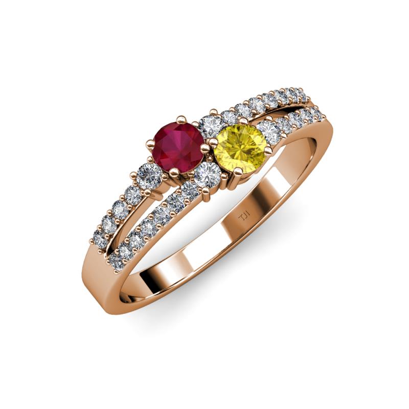 Zaira Ruby and Yellow Sapphire with Side Diamonds Split Shank Ring 