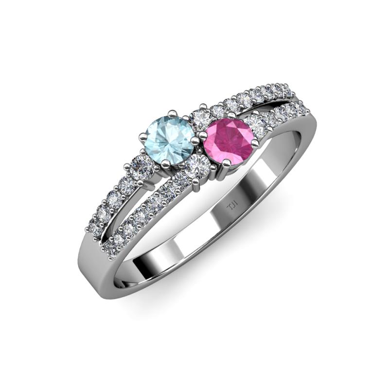 Zaira Aquamarine and Pink Sapphire with Side Diamonds Split Shank Ring 