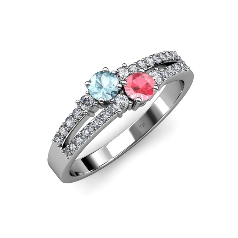Zaira Aquamarine and Pink Tourmaline with Side Diamonds Split Shank Ring 