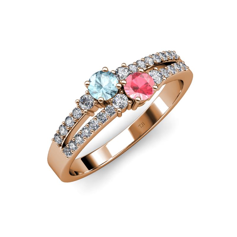 Zaira Aquamarine and Pink Tourmaline with Side Diamonds Split Shank Ring 