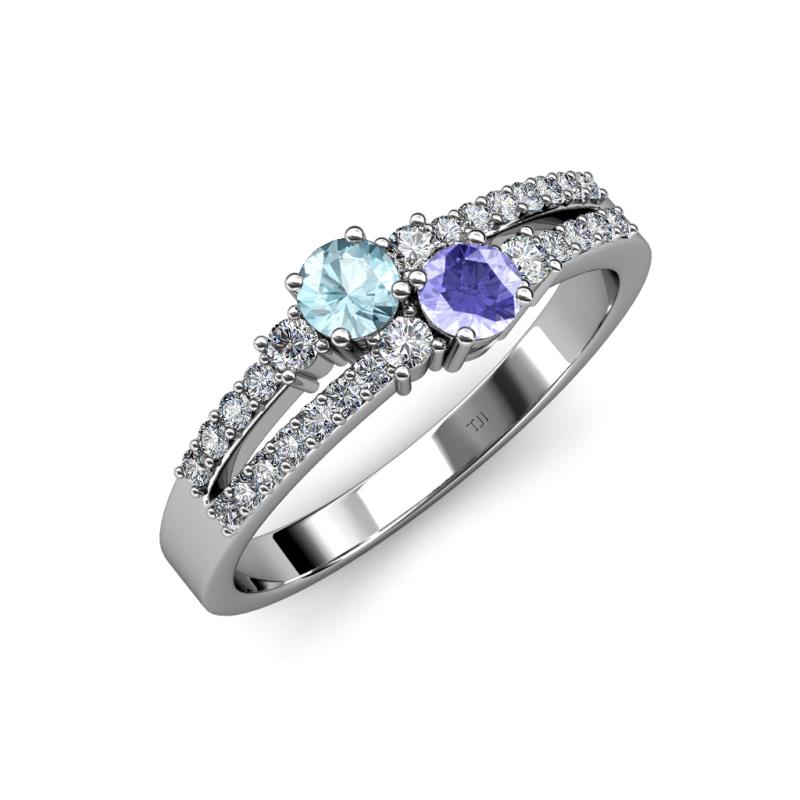 Zaira Aquamarine and Tanzanite with Side Diamonds Split Shank Ring 