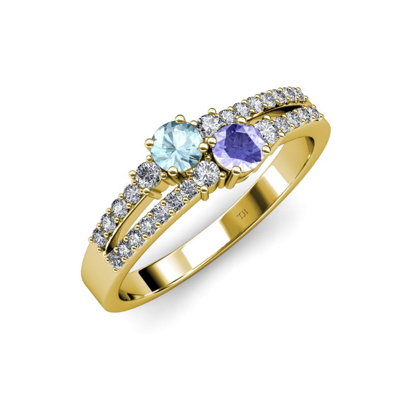 Zaira Aquamarine and Tanzanite with Side Diamonds Split Shank Ring 