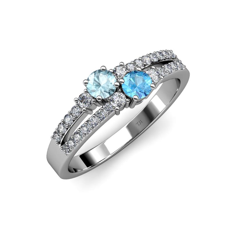Zaira Aquamarine and Blue Topaz with Side Diamonds Split Shank Ring 