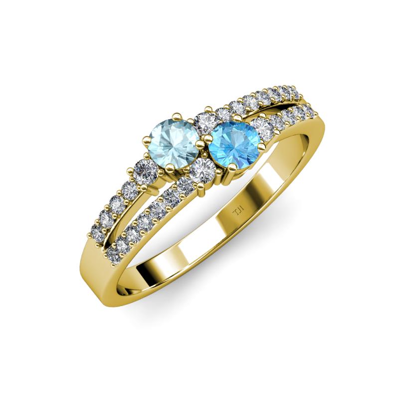 Zaira Aquamarine and Blue Topaz with Side Diamonds Split Shank Ring 