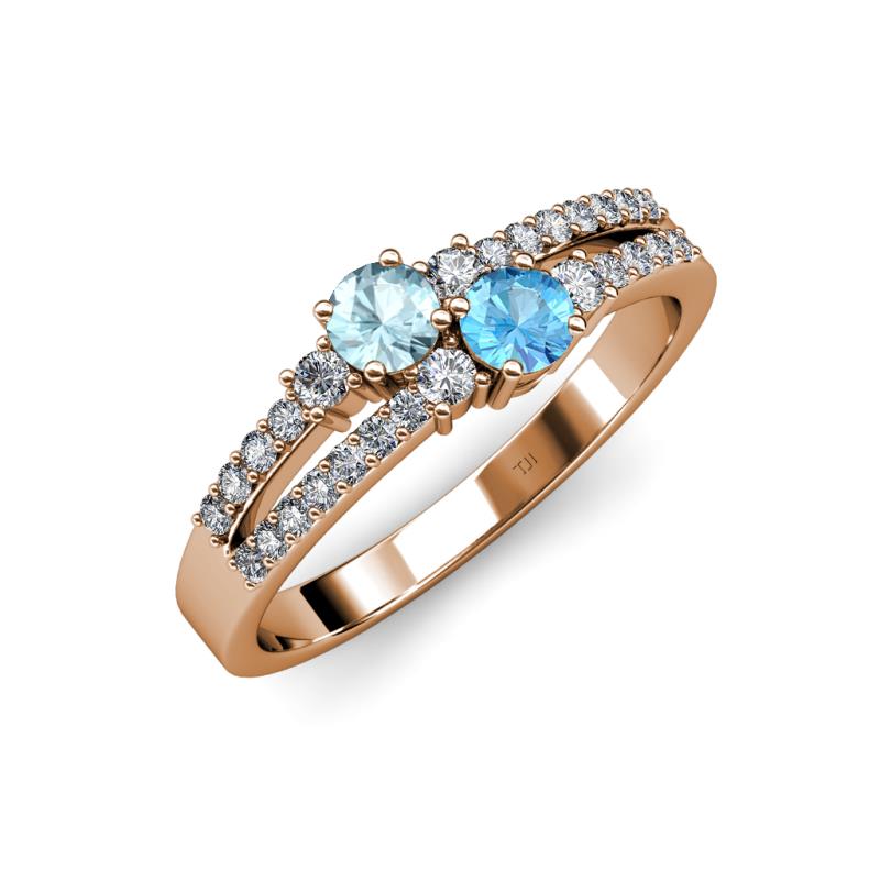 Zaira Aquamarine and Blue Topaz with Side Diamonds Split Shank Ring 