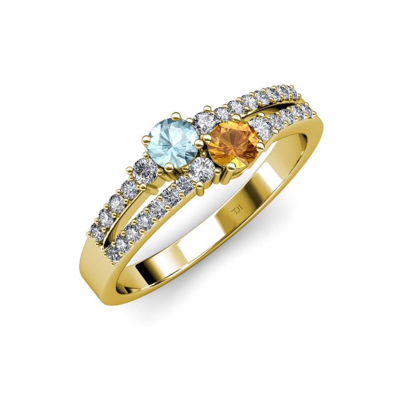 Zaira Aquamarine and Citrine with Side Diamonds Split Shank Ring 
