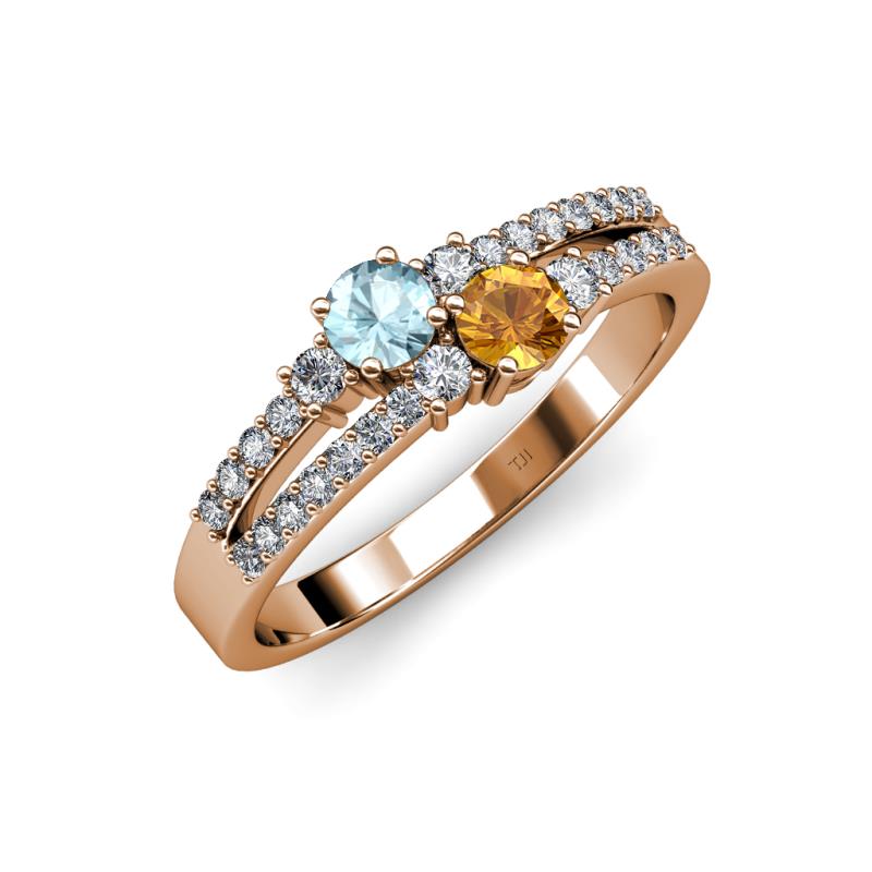 Zaira Aquamarine and Citrine with Side Diamonds Split Shank Ring 