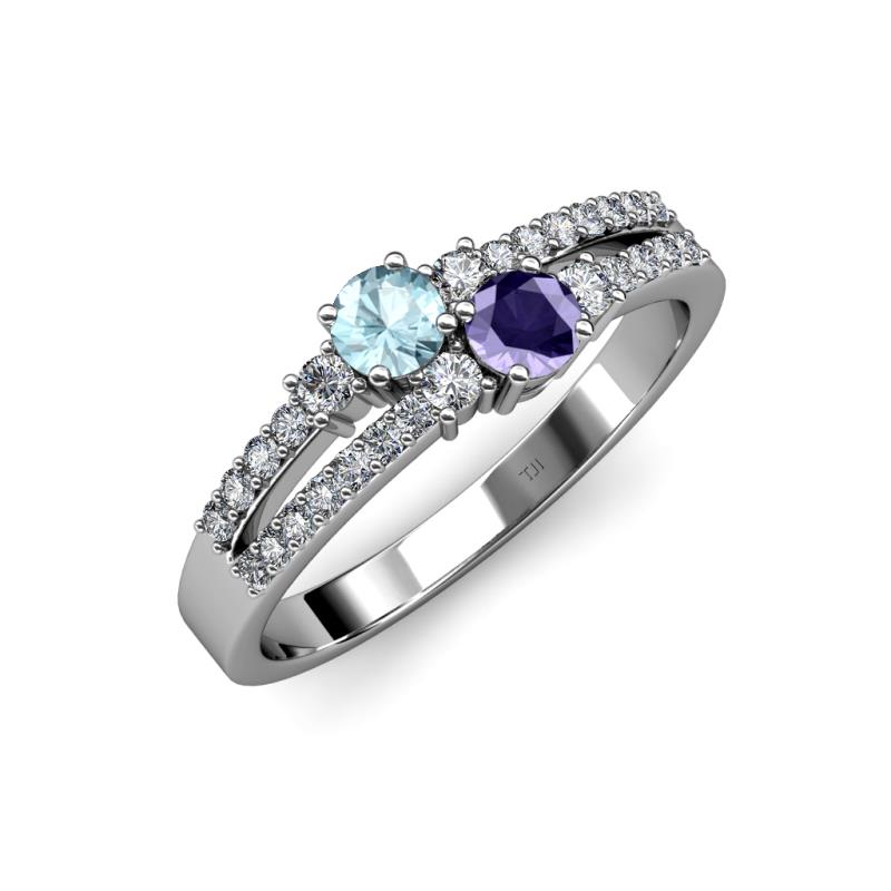 Zaira Aquamarine and Iolite with Side Diamonds Split Shank Ring 