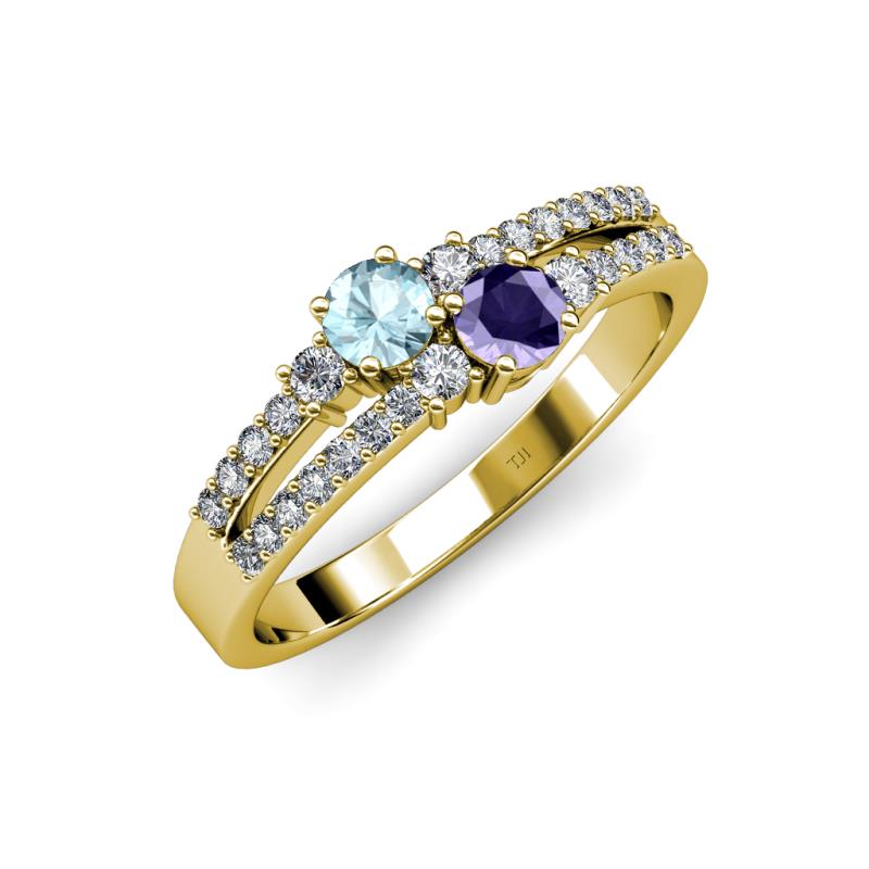 Zaira Aquamarine and Iolite with Side Diamonds Split Shank Ring 