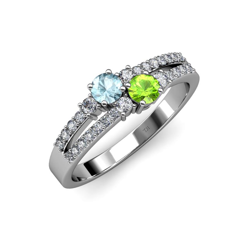 Zaira Aquamarine and Peridot with Side Diamonds Split Shank Ring 