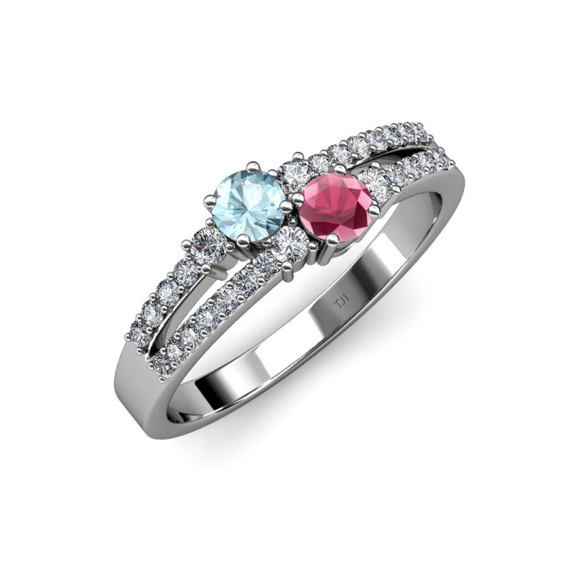 Zaira Aquamarine and Rhodolite Garnet with Side Diamonds Split Shank Ring 