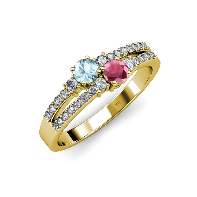 Zaira Aquamarine and Rhodolite Garnet with Side Diamonds Split Shank Ring 