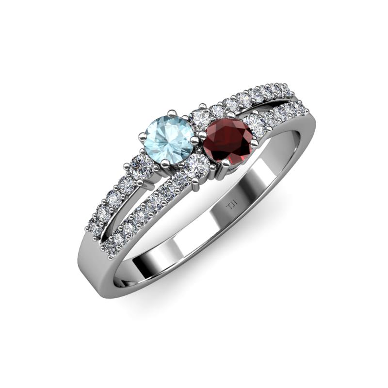 Zaira Aquamarine and Red Garnet with Side Diamonds Split Shank Ring 