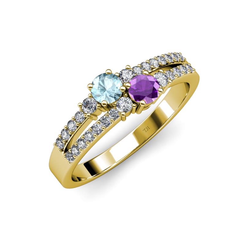 Zaira Aquamarine and Amethyst with Side Diamonds Split Shank Ring 