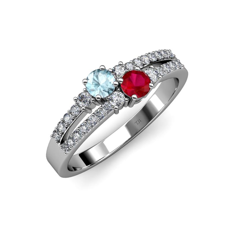 Zaira Aquamarine and Ruby with Side Diamonds Split Shank Ring 
