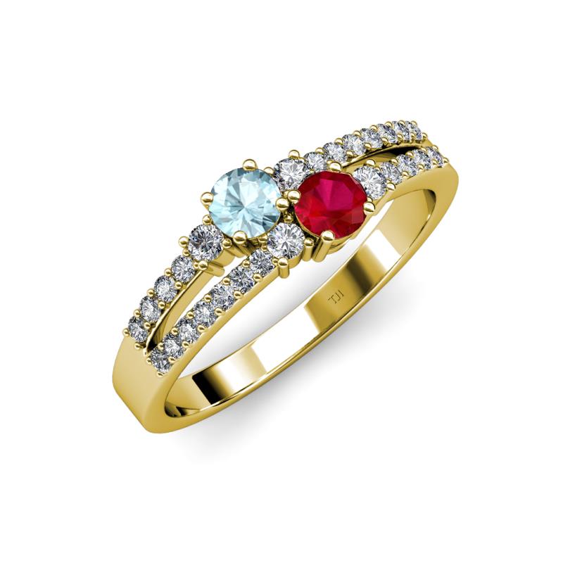 Zaira Aquamarine and Ruby with Side Diamonds Split Shank Ring 
