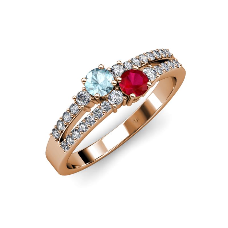 Zaira Aquamarine and Ruby with Side Diamonds Split Shank Ring 