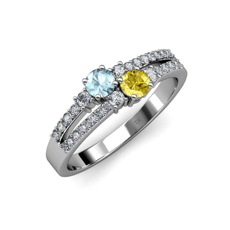 Zaira Aquamarine and Yellow Sapphire with Side Diamonds Split Shank Ring 