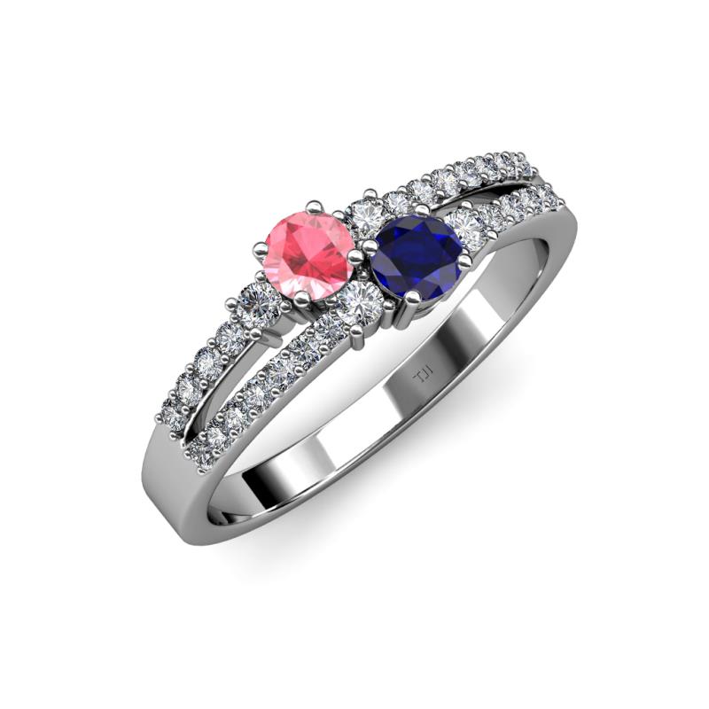 Zaira Pink Tourmaline and Blue Sapphire with Side Diamonds Split Shank Ring 