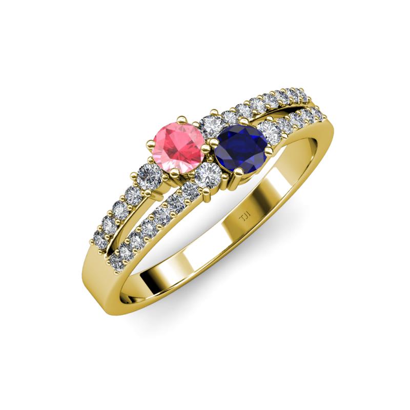 Zaira Pink Tourmaline and Blue Sapphire with Side Diamonds Split Shank Ring 