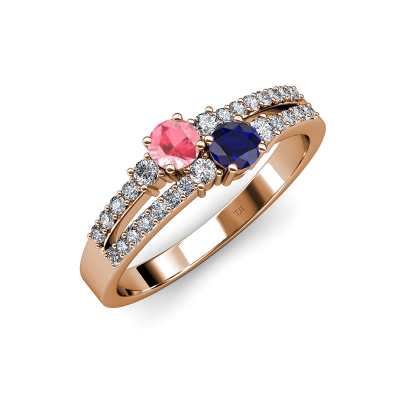 Zaira Pink Tourmaline and Blue Sapphire with Side Diamonds Split Shank Ring 