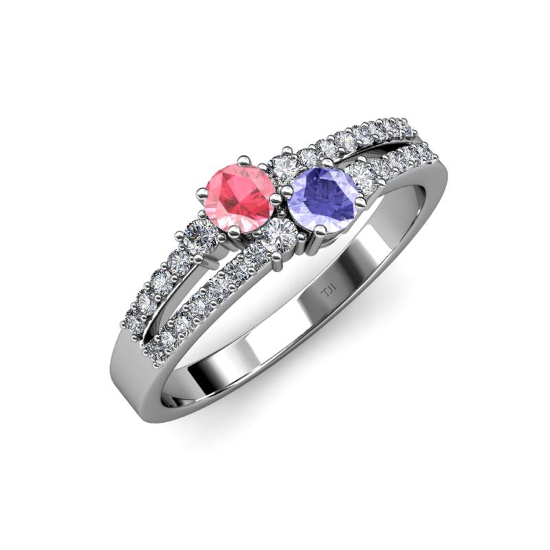 Zaira Pink Tourmaline and Tanzanite with Side Diamonds Split Shank Ring 