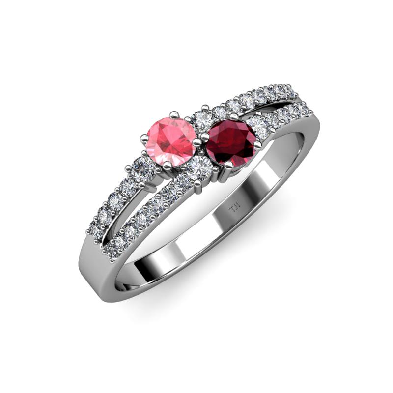 Zaira Pink Tourmaline and Ruby with Side Diamonds Split Shank Ring 