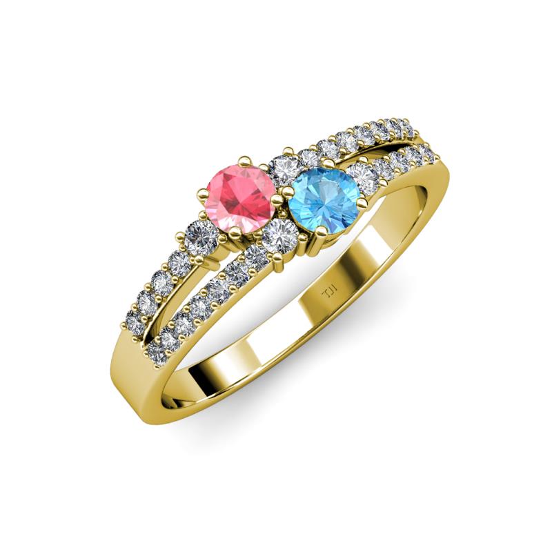 Zaira Pink Tourmaline and Blue Topaz with Side Diamonds Split Shank Ring 