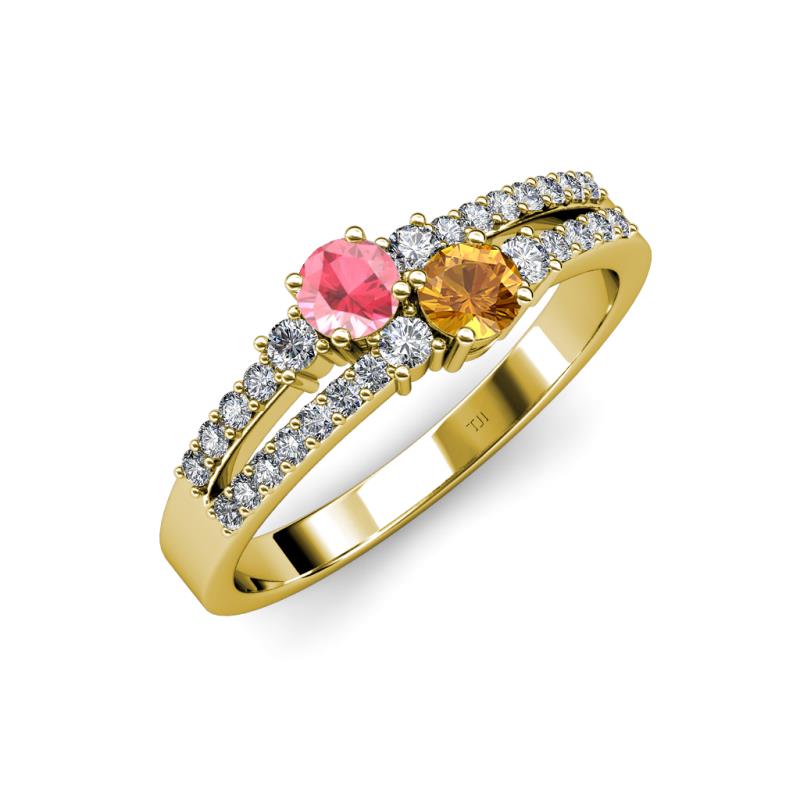 Zaira Pink Tourmaline and Citrine with Side Diamonds Split Shank Ring 