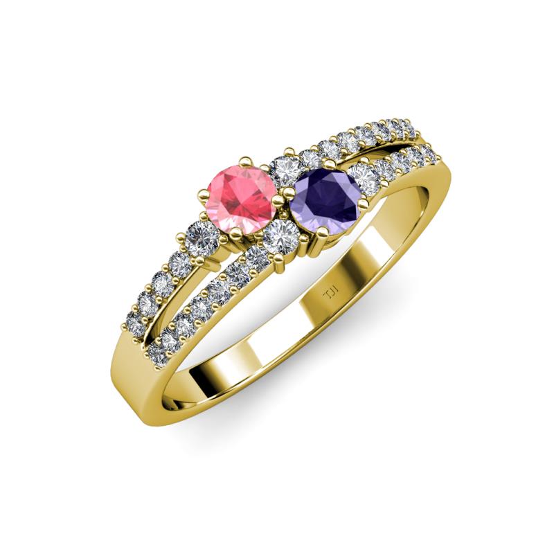 Zaira Pink Tourmaline and Iolite with Side Diamonds Split Shank Ring 
