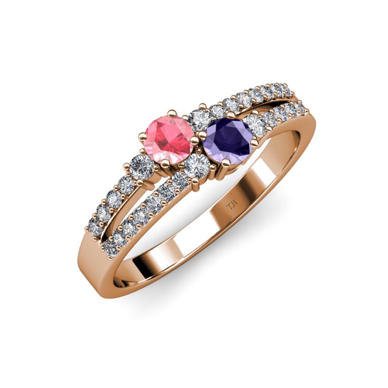 Zaira Pink Tourmaline and Iolite with Side Diamonds Split Shank Ring 