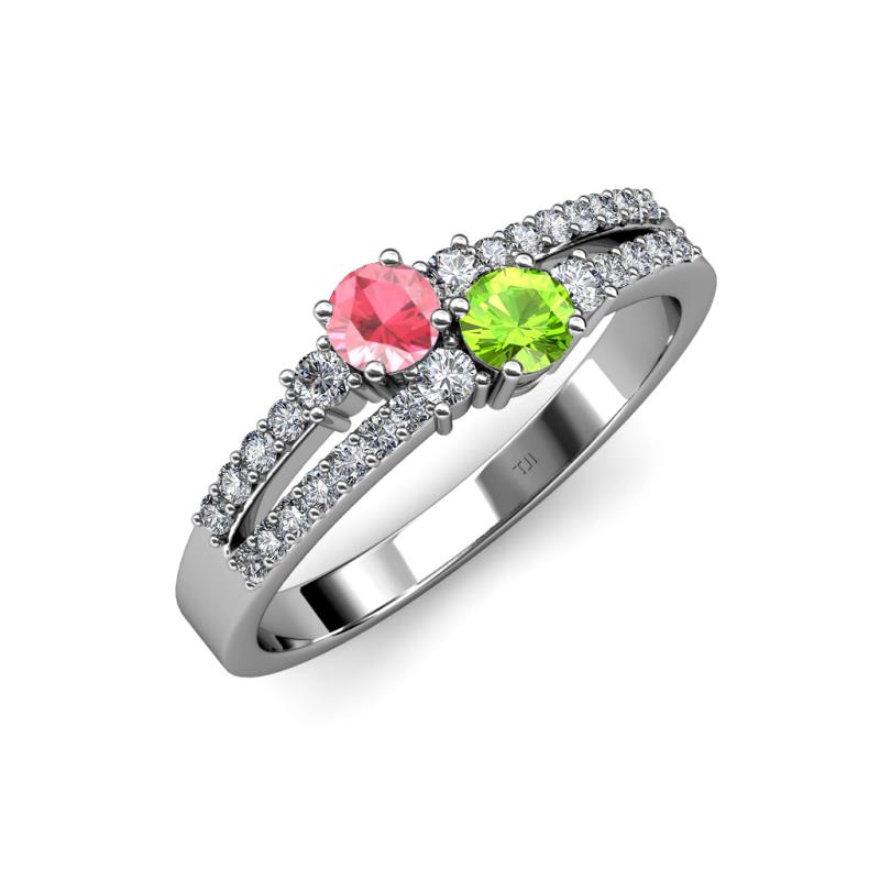 Zaira Pink Tourmaline and Peridot with Side Diamonds Split Shank Ring 