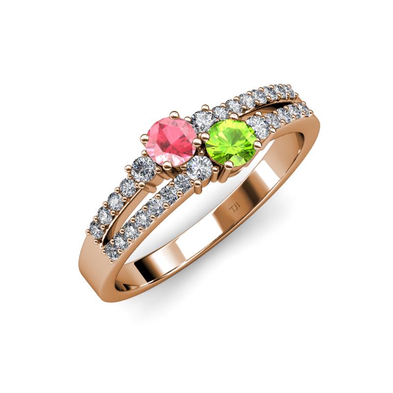 Zaira Pink Tourmaline and Peridot with Side Diamonds Split Shank Ring 