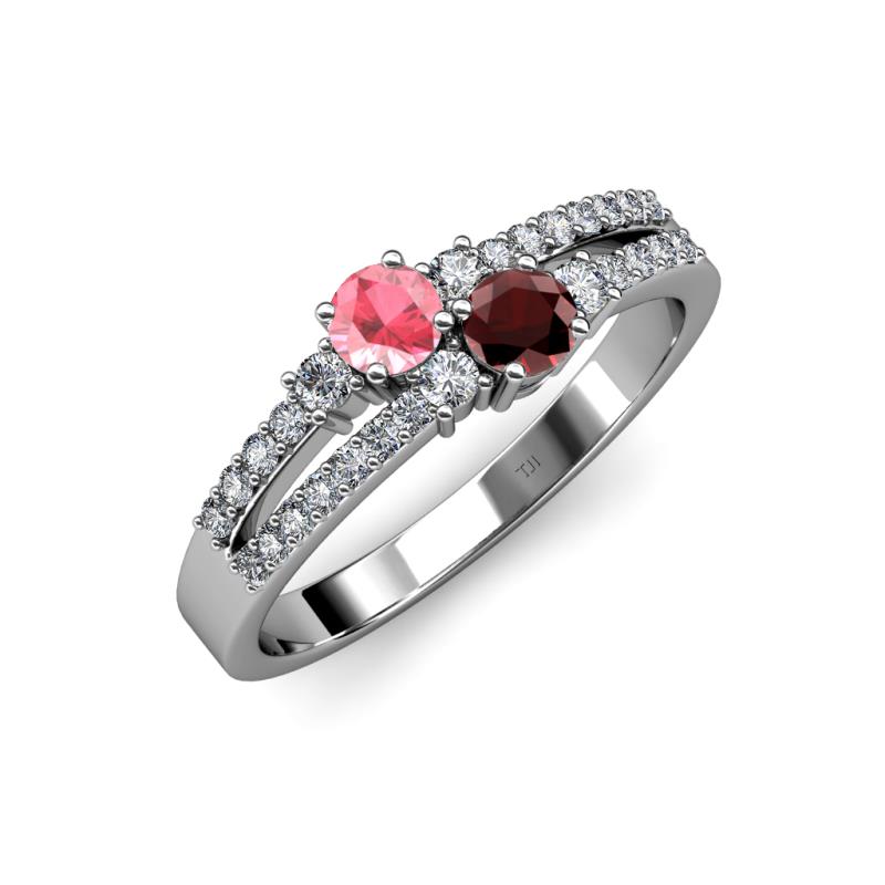 Zaira Pink Tourmaline and Red Garnet with Side Diamonds Split Shank Ring 