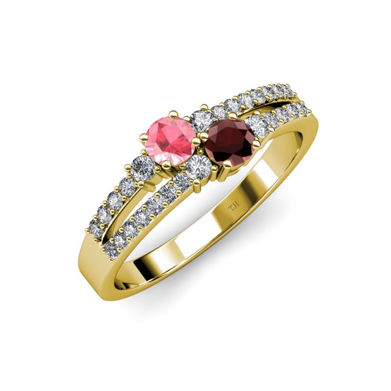 Zaira Pink Tourmaline and Red Garnet with Side Diamonds Split Shank Ring 