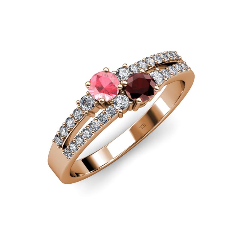 Zaira Pink Tourmaline and Red Garnet with Side Diamonds Split Shank Ring 