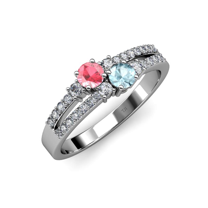 Zaira Pink Tourmaline and Aquamarine with Side Diamonds Split Shank Ring 