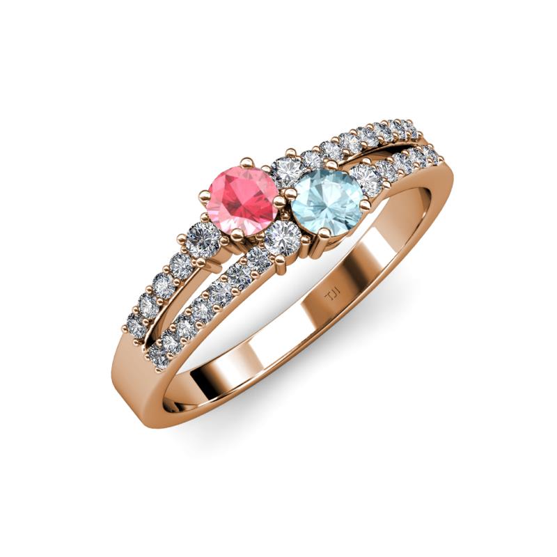 Zaira Pink Tourmaline and Aquamarine with Side Diamonds Split Shank Ring 
