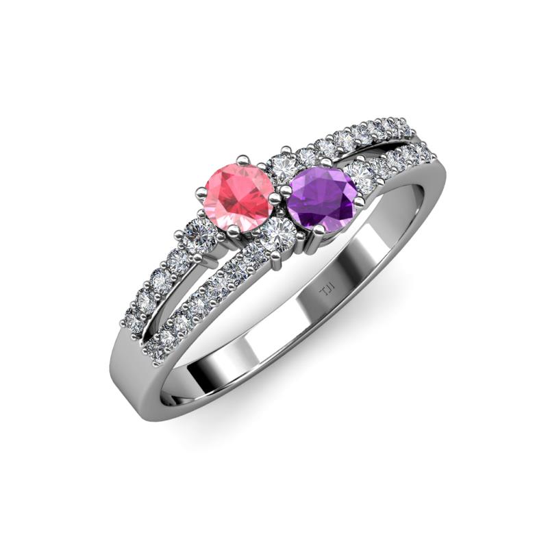 Zaira Pink Tourmaline and Amethyst with Side Diamonds Split Shank Ring 