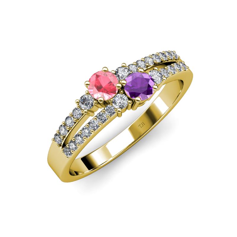 Zaira Pink Tourmaline and Amethyst with Side Diamonds Split Shank Ring 