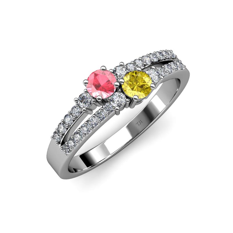 Zaira Pink Tourmaline and Yellow Sapphire with Side Diamonds Split Shank Ring 