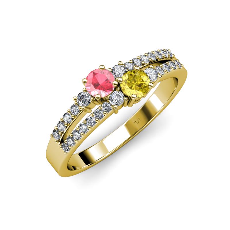 Zaira Pink Tourmaline and Yellow Sapphire with Side Diamonds Split Shank Ring 
