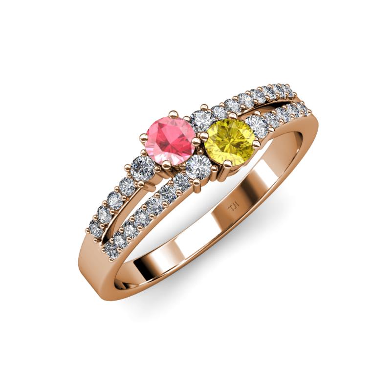 Zaira Pink Tourmaline and Yellow Sapphire with Side Diamonds Split Shank Ring 